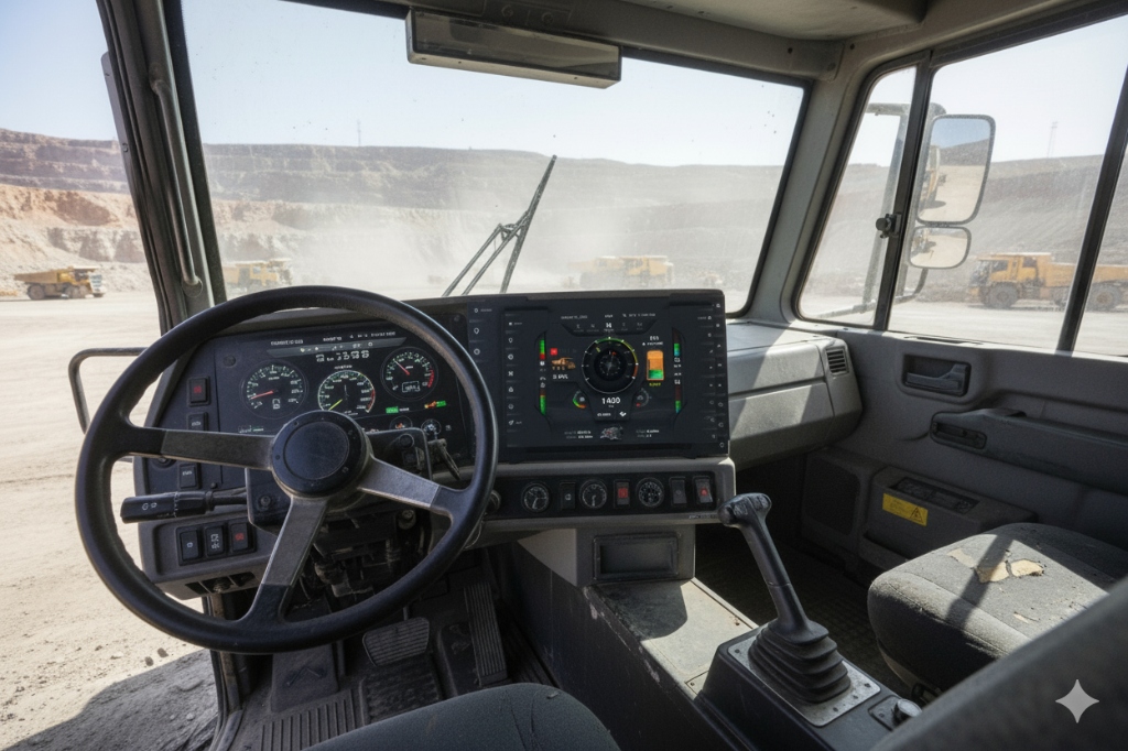 Detailed view of mining truck HMI showing precise control metrics